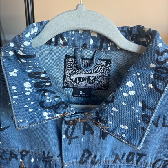 Brooklyn Cloth Blue Denim Jacket Black Graffiti Style text&white paint splatter - Picture 8 of 11